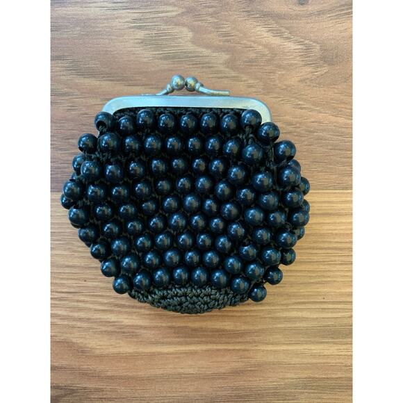 Vintage 1940s 50s Black Beaded Crochet Change Purse Kiss Lock Large Beads - Picture 2 of 9